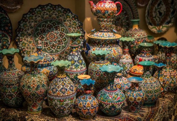 Beautiful traditional Uighur pottery sold in Urumqi International Grand Bazaar, Xinjiang China, Great silk road goods